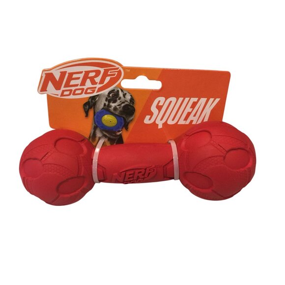 NERF DOG Red Textured Squeak 7" Barbell Dog Toy - Picture 1 of 3